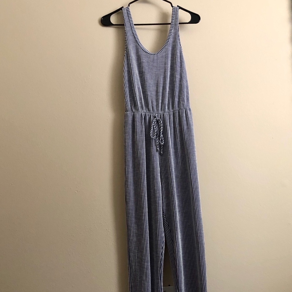 Blue and white pinstripe jumpsuit